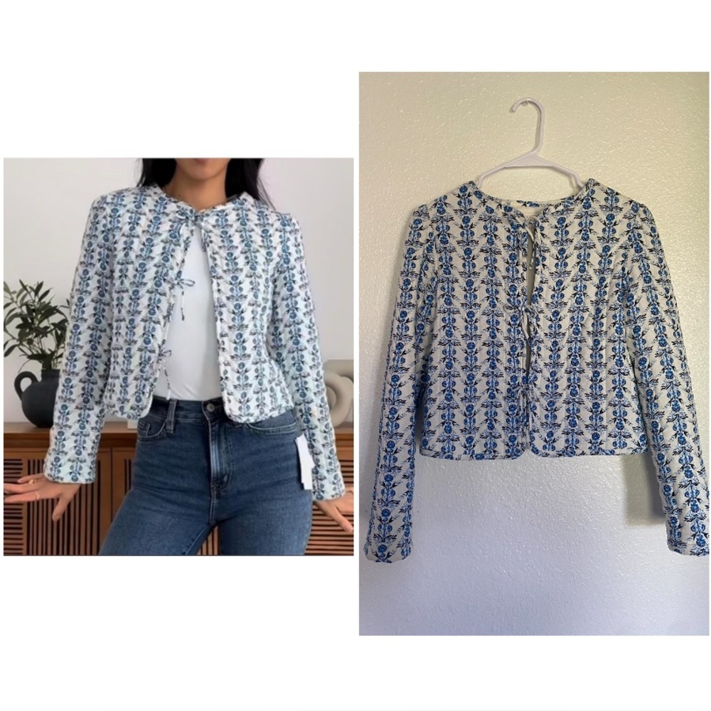 Caroline Constas Blue/White Floral Quilted Linen cottagecore Tie-Front Jacket